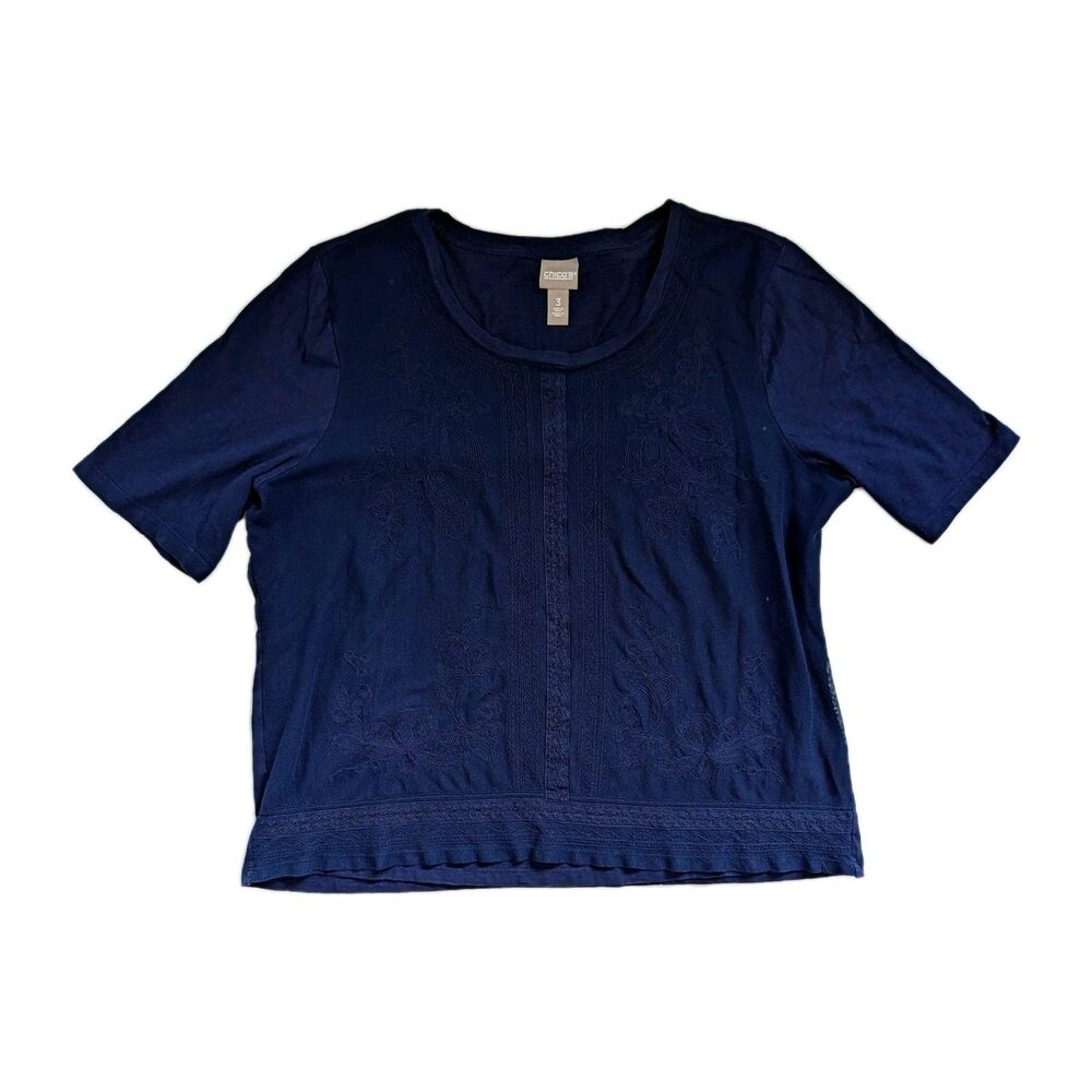 Chico's Solid Navy Blue Embroidered Lace Short Sleeve Tee Size 3 XL